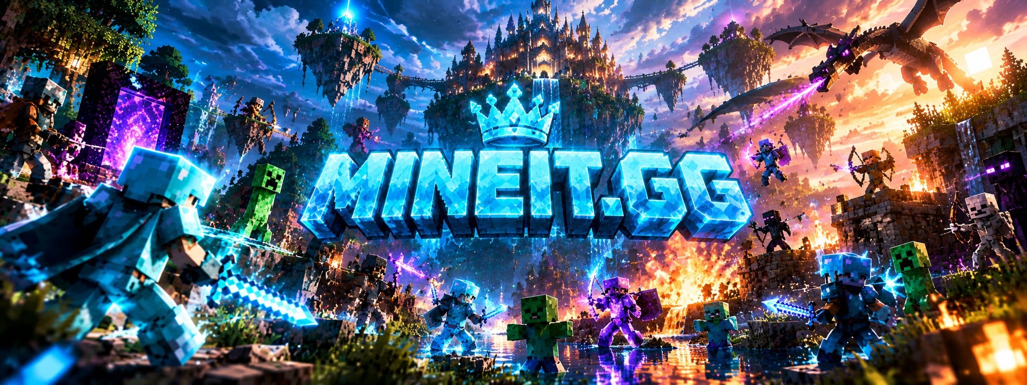 MINEIT.GG – Spieler in Diamantrüstung kämpfen vor einem leuchtenden Schloss gegen Creeper, Zombies und einen Enderdrachen.